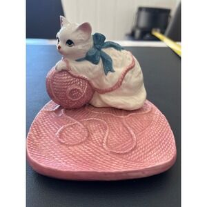 Vintage whimsical Cute White Kitten and Yarn Ball Figurine on Pink Tray